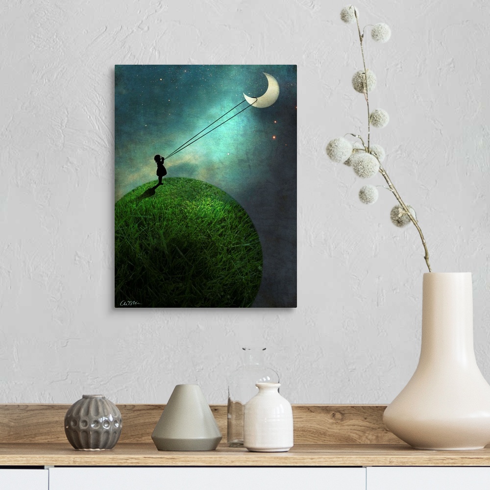 A farmhouse room featuring A vertical digital composite of a small child roping the moon.