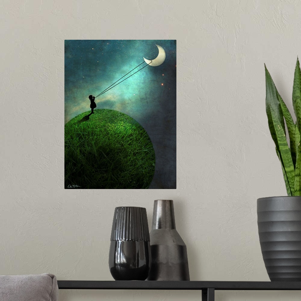 A modern room featuring A vertical digital composite of a small child roping the moon.