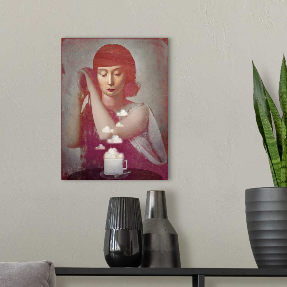 A modern room featuring A portrait of a lady sitting at a table with a cup of clouds.