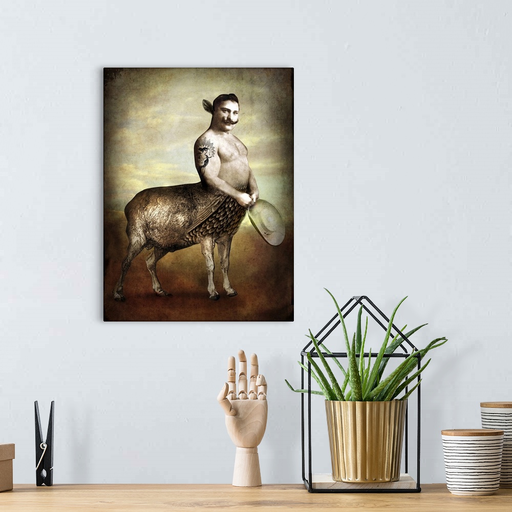 A bohemian room featuring A digital composite of a mythical creature made up of a human and animal.
