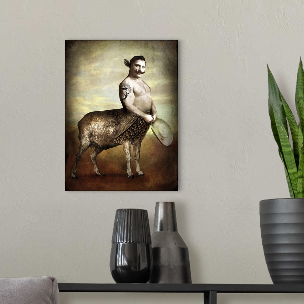 A modern room featuring A digital composite of a mythical creature made up of a human and animal.