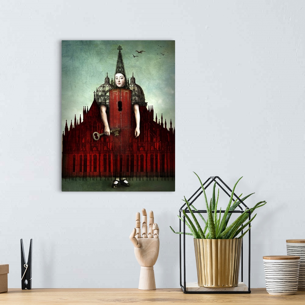 A bohemian room featuring A person with a big key materializing from a large red castle.