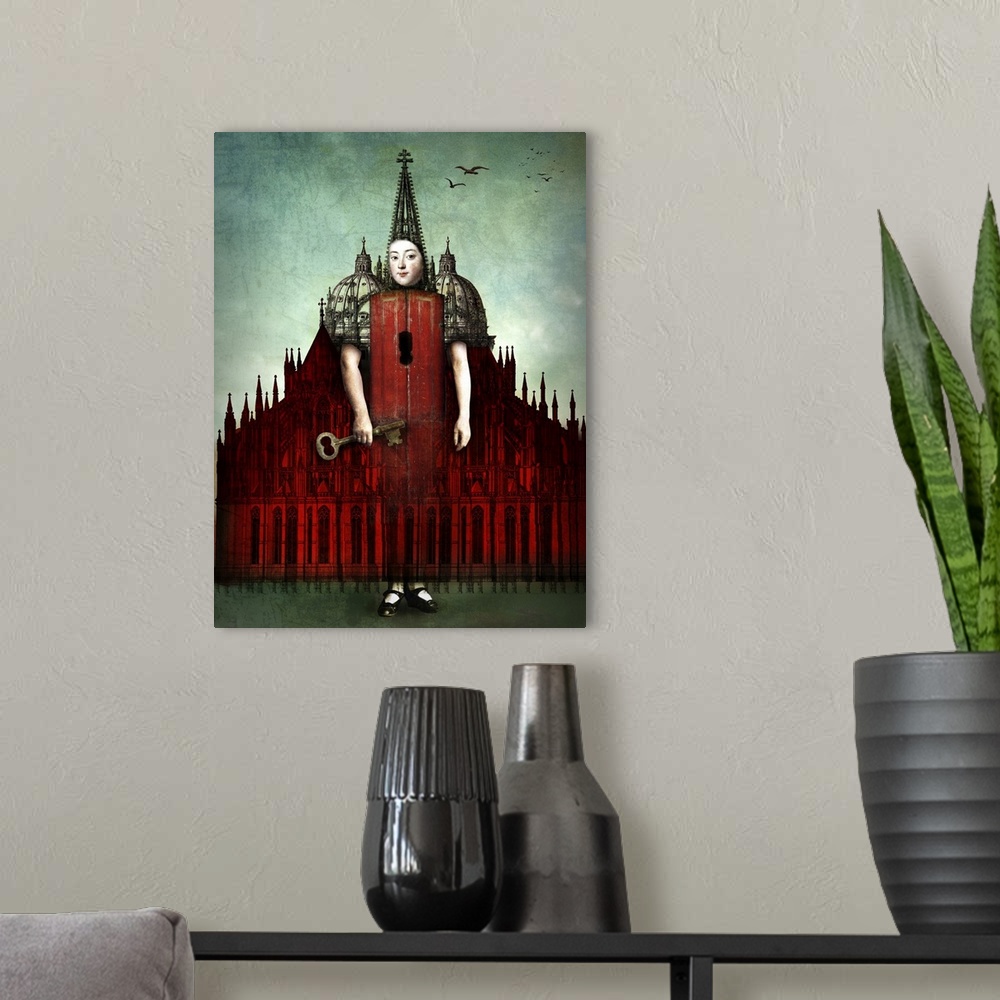 A modern room featuring A person with a big key materializing from a large red castle.