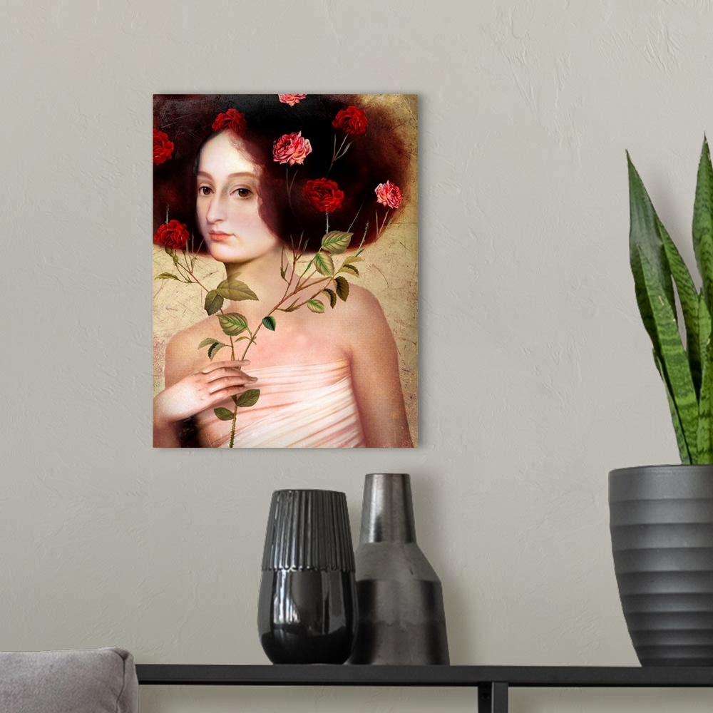 A modern room featuring A portrait of a lovely young lady holding a branch of roses that are intertwining through her hair.