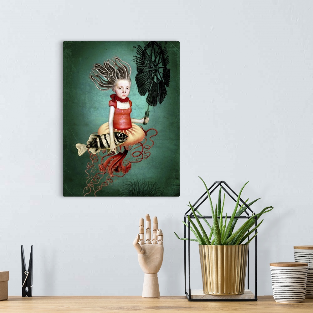 A bohemian room featuring The Little Sea Witch.  A creature that appears to be half girl, half squid, is holding a fish and...