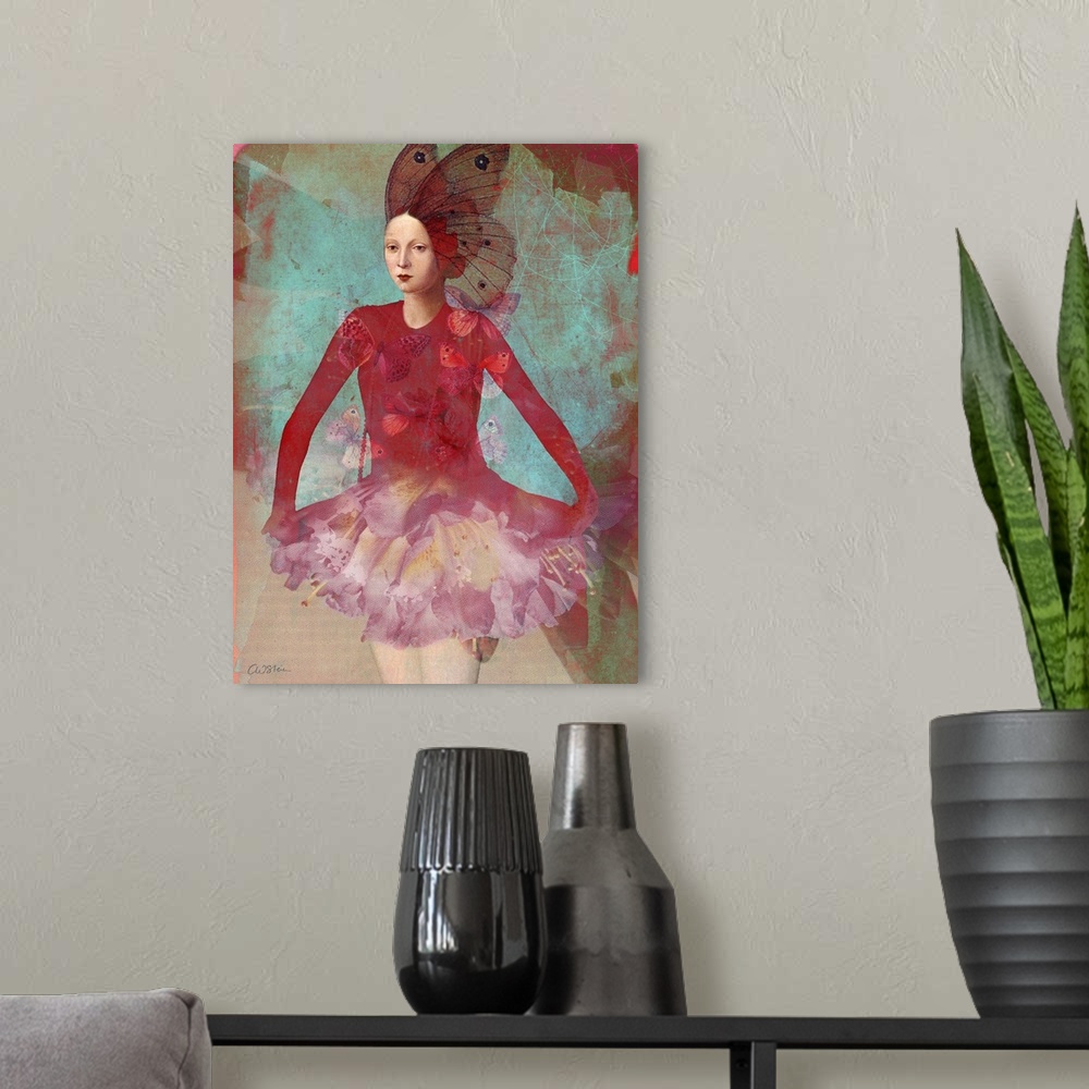 A modern room featuring A woman in red, with a flower for a skirt, has a large butterfly on her head and others flying ar...