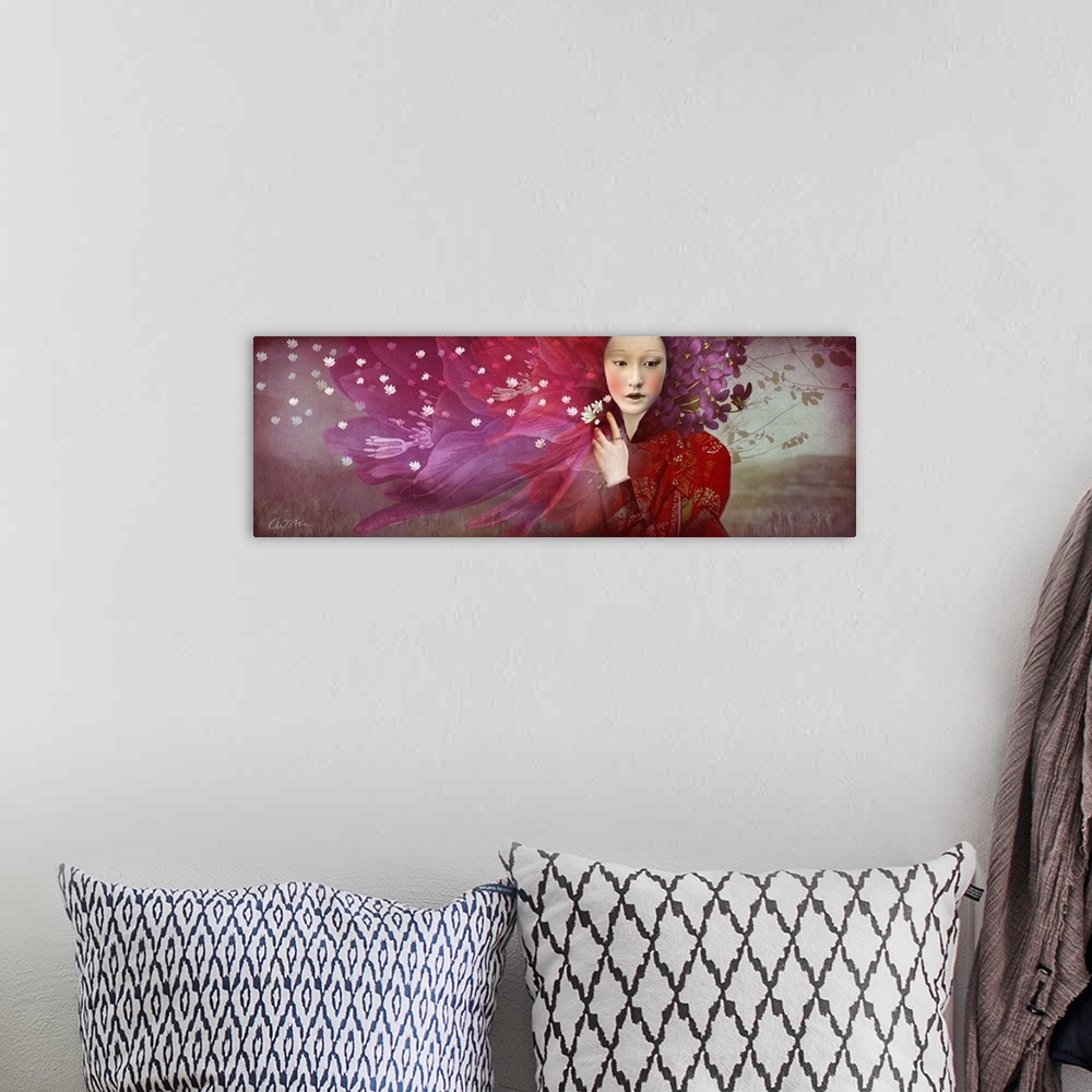 A bohemian room featuring Panoramic image of a woman surrounded by warm toned flowers.