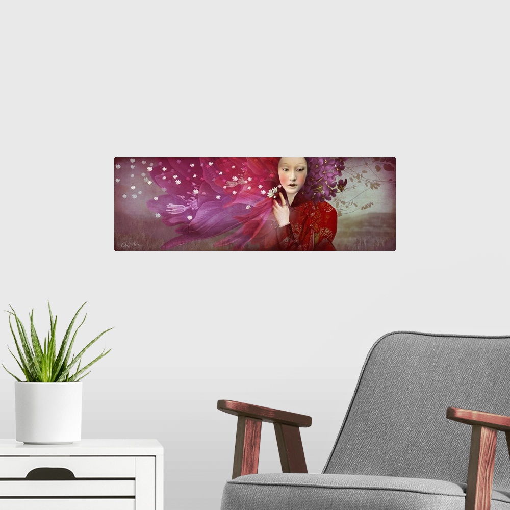 A modern room featuring Panoramic image of a woman surrounded by warm toned flowers.
