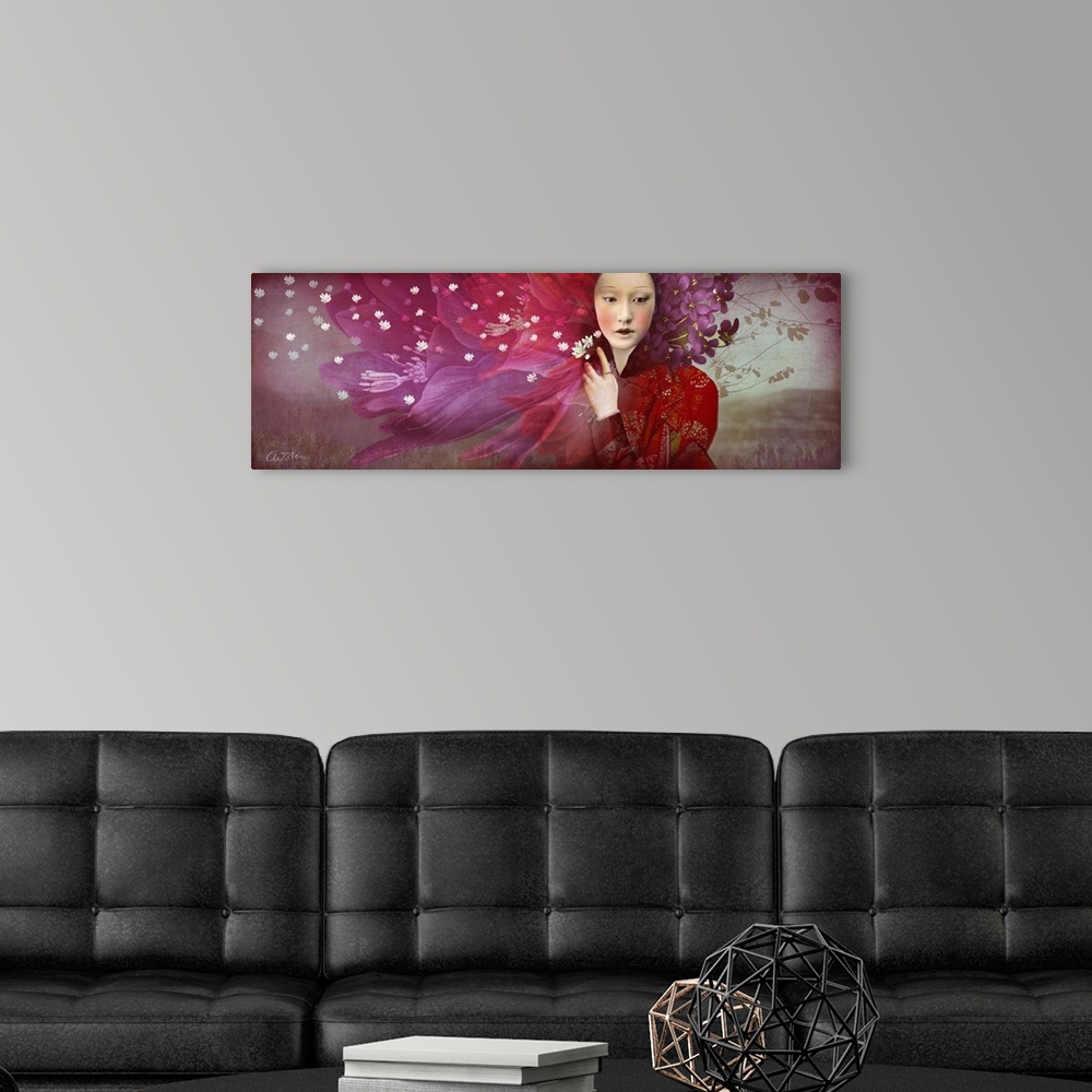 A modern room featuring Panoramic image of a woman surrounded by warm toned flowers.