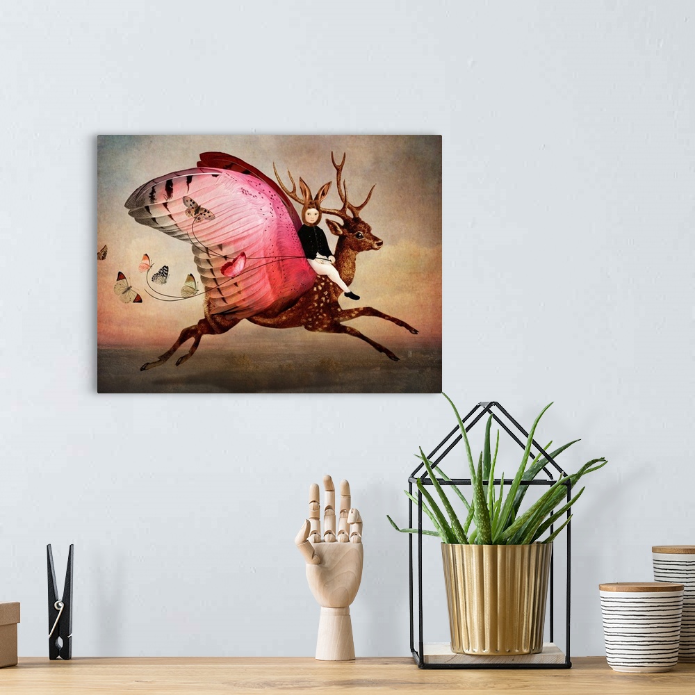 A bohemian room featuring A conceptual artwork of a small child riding a mythical creature with wings.