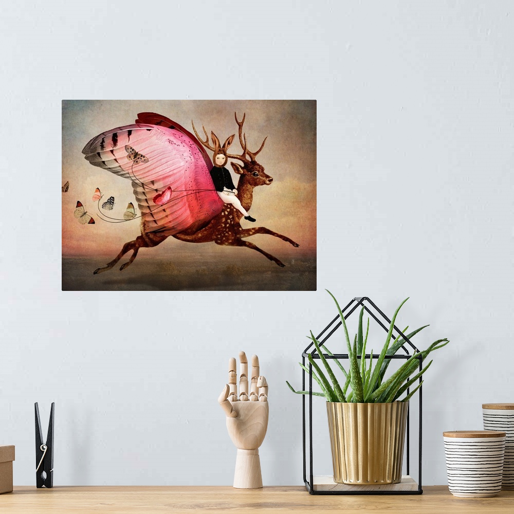 A bohemian room featuring A conceptual artwork of a small child riding a mythical creature with wings.
