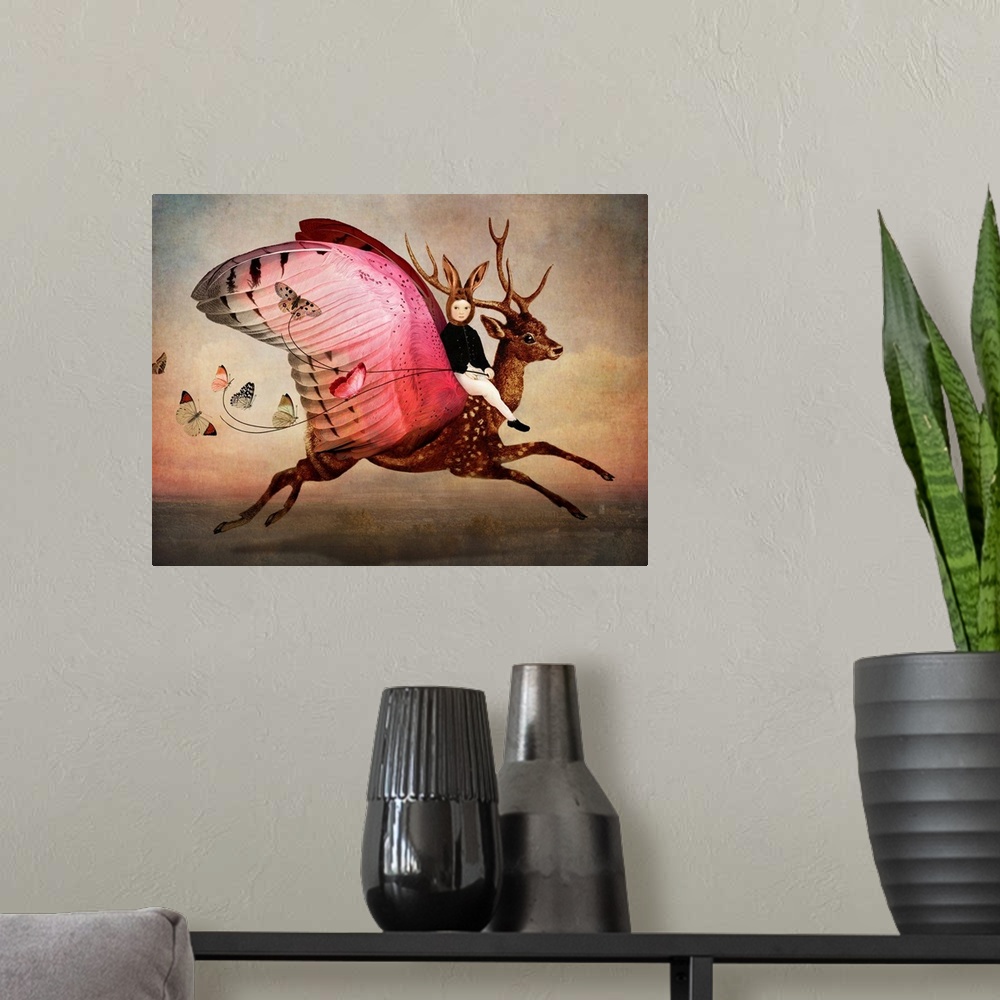 A modern room featuring A conceptual artwork of a small child riding a mythical creature with wings.