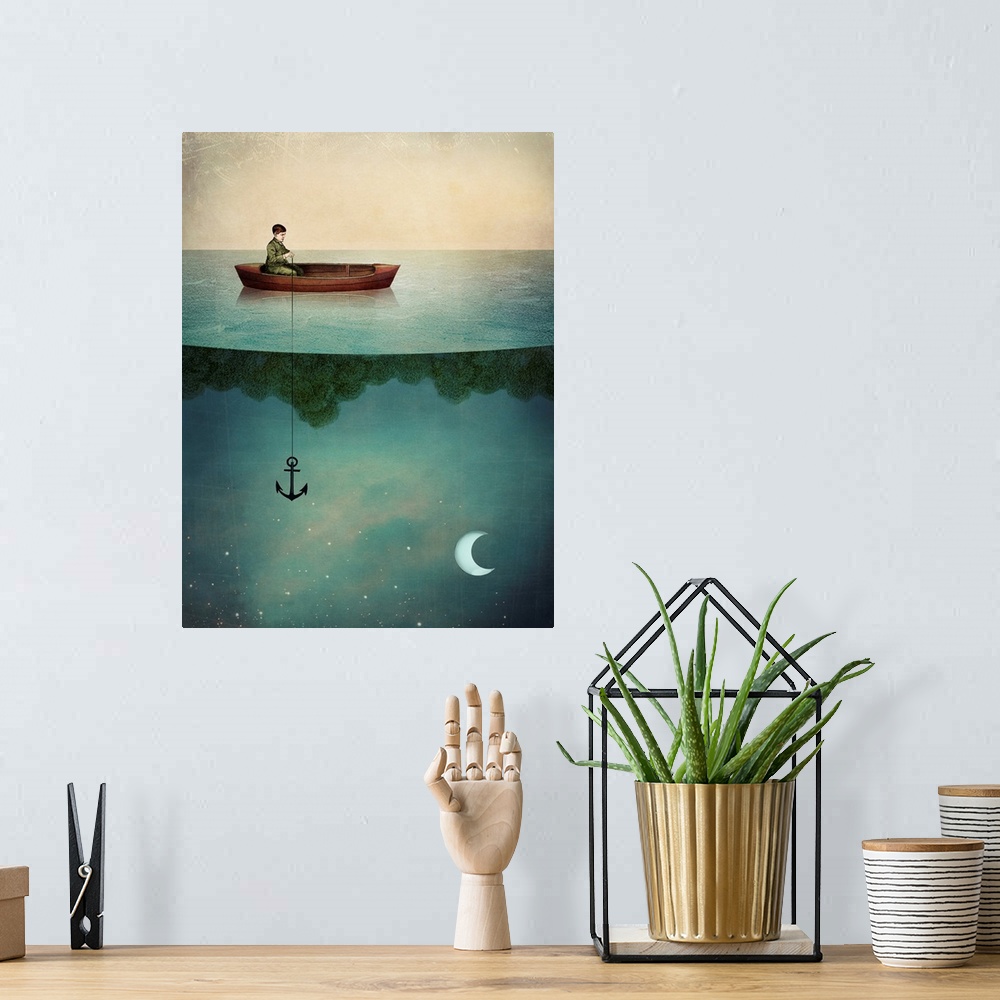 A bohemian room featuring A digital abstract composite of a young boy on a boat with the moon light sky in the water.