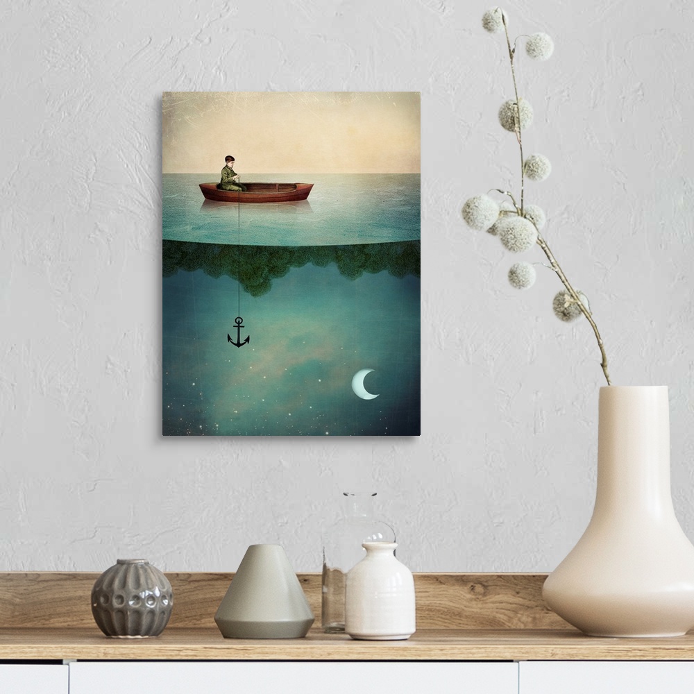 A farmhouse room featuring A digital abstract composite of a young boy on a boat with the moon light sky in the water.