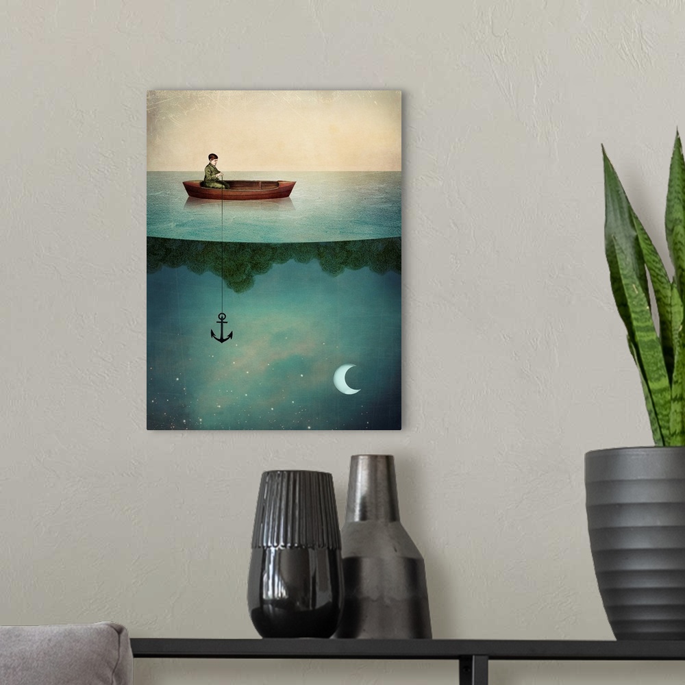 A modern room featuring A digital abstract composite of a young boy on a boat with the moon light sky in the water.