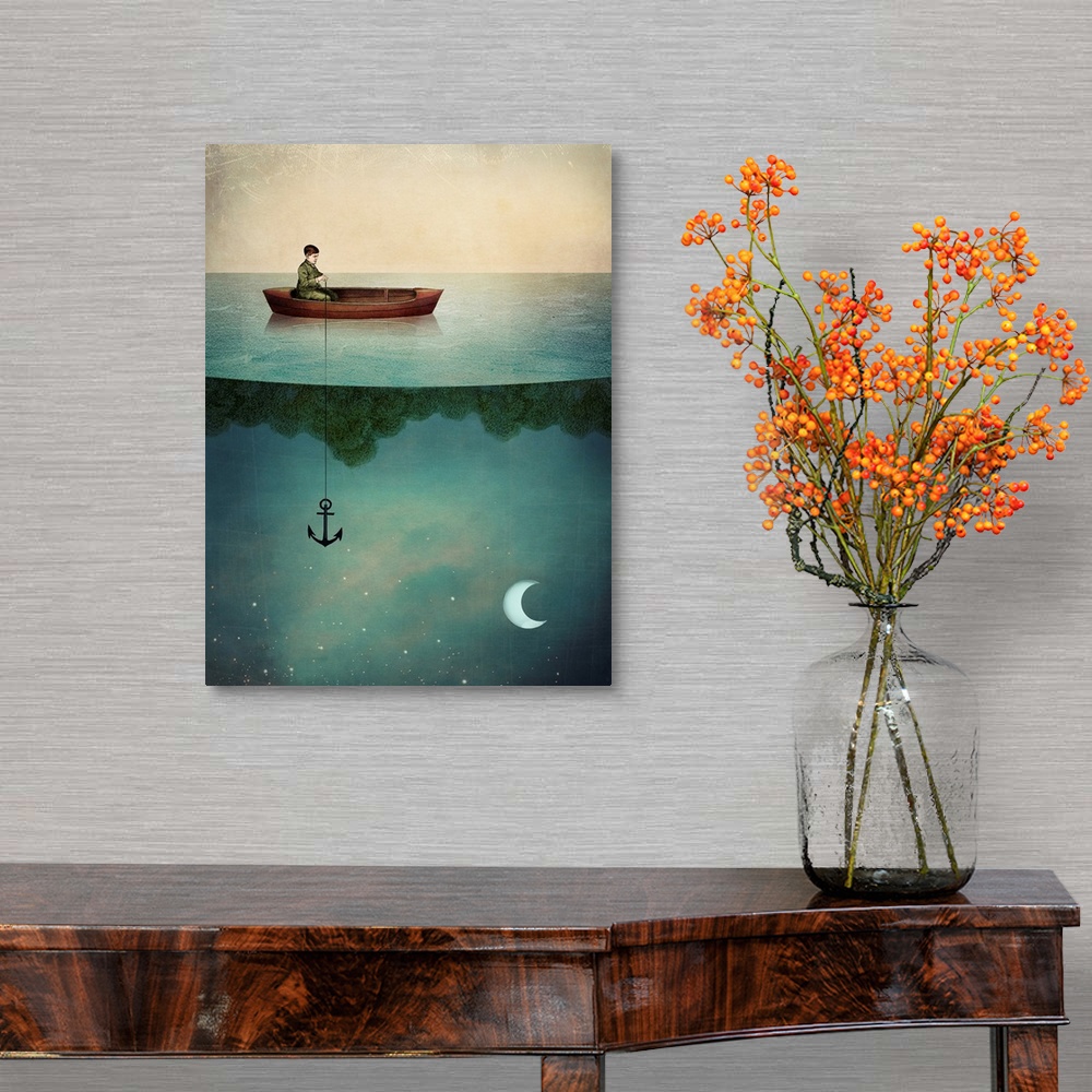 A traditional room featuring A digital abstract composite of a young boy on a boat with the moon light sky in the water.