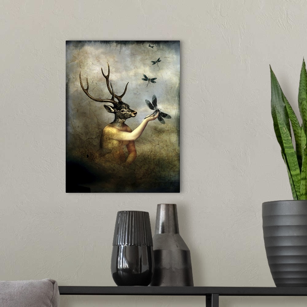 A modern room featuring A creature that is half nude woman and half deer with antlers, reaching out towards a dragonfly.