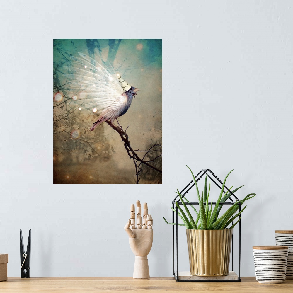 A bohemian room featuring A digital composite of a bird with a hat.