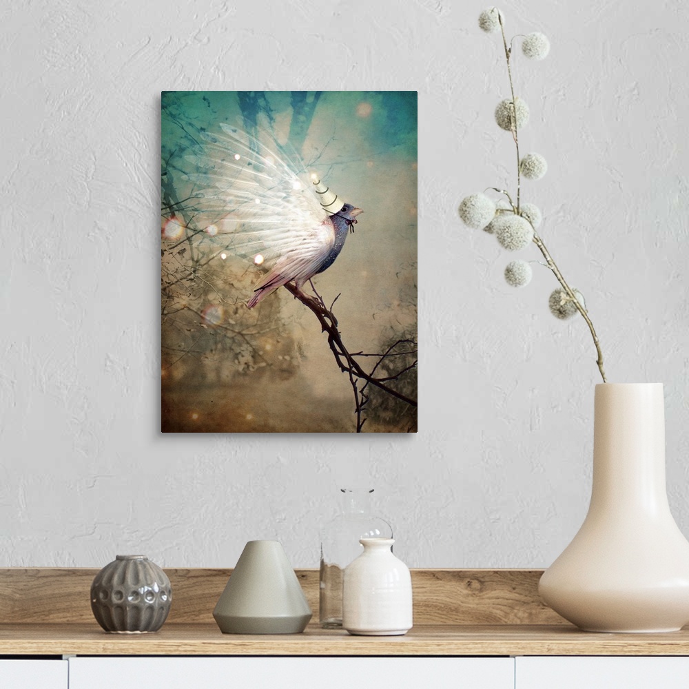 A farmhouse room featuring A digital composite of a bird with a hat.