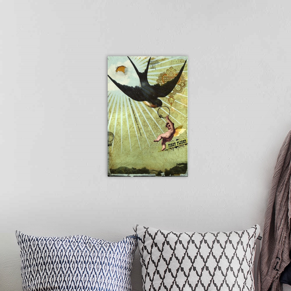 A bohemian room featuring A composite image of a young child with wings holding a ring that is being carried off by a bird.
