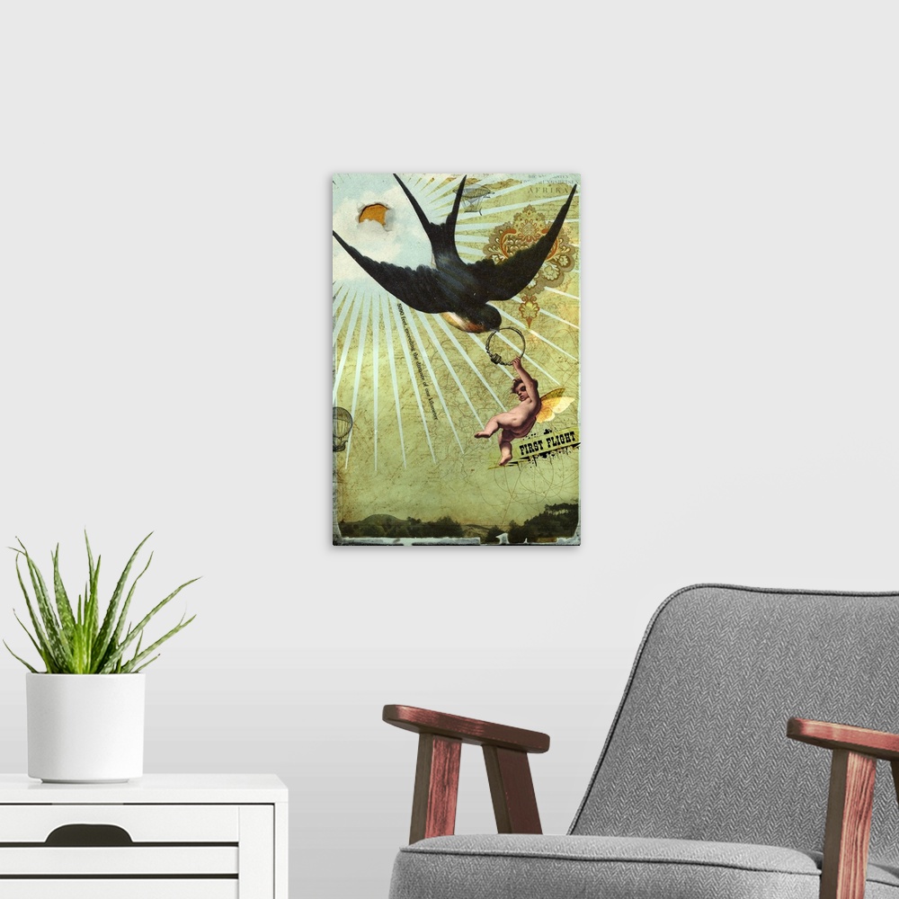A modern room featuring A composite image of a young child with wings holding a ring that is being carried off by a bird.