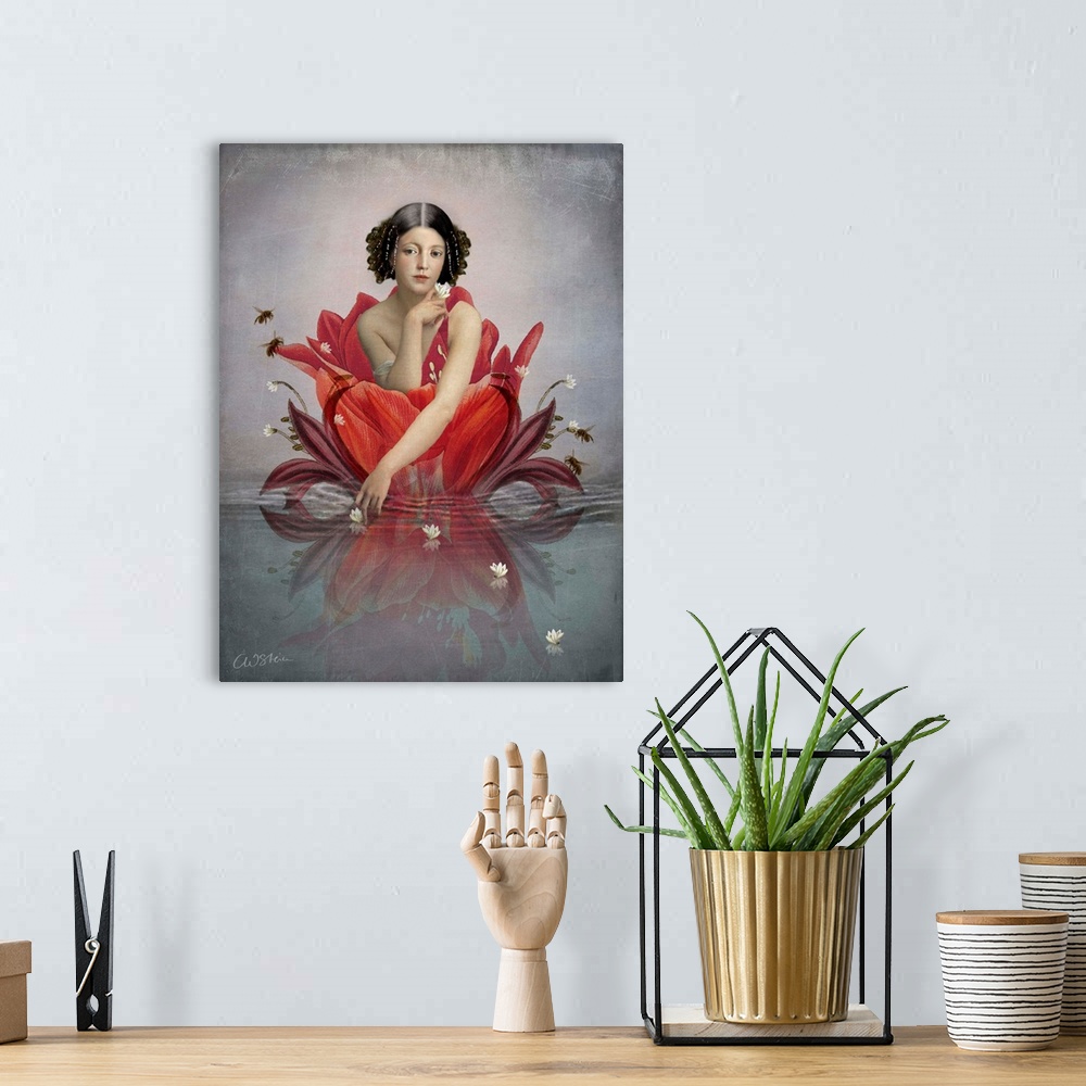 A bohemian room featuring A young lady in a large red flower which is floating on water.
