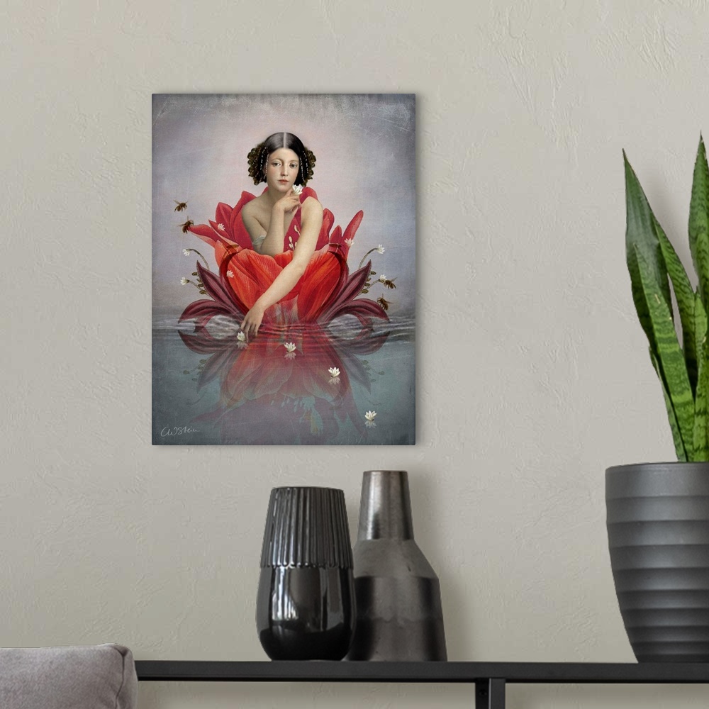 A modern room featuring A young lady in a large red flower which is floating on water.