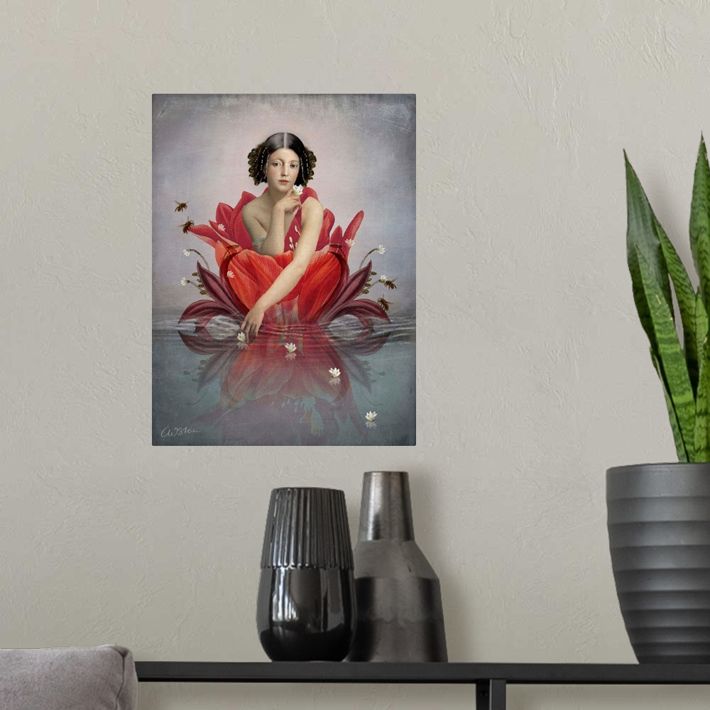 A modern room featuring A young lady in a large red flower which is floating on water.