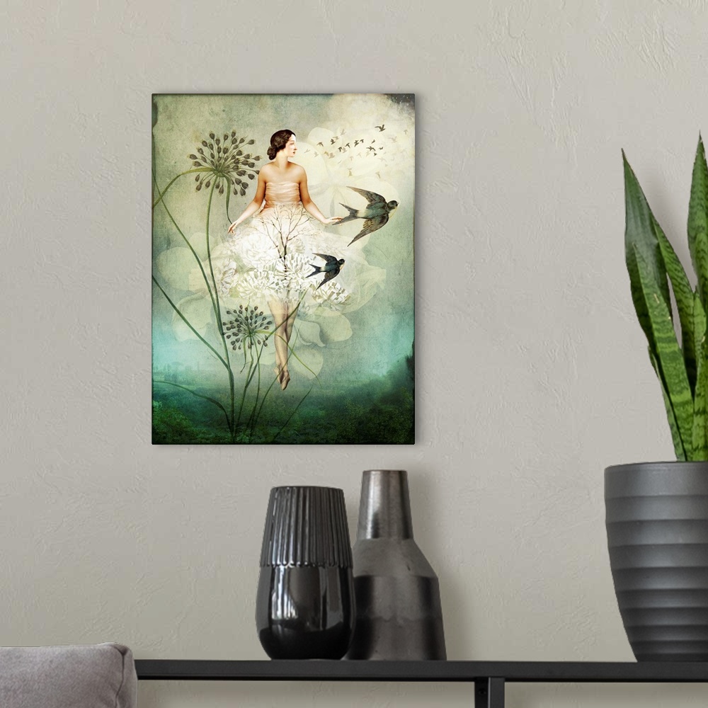 A modern room featuring A woman floating in the sky with white flowers as bird passes by.