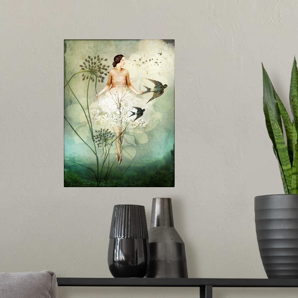 A modern room featuring A woman floating in the sky with white flowers as bird passes by.