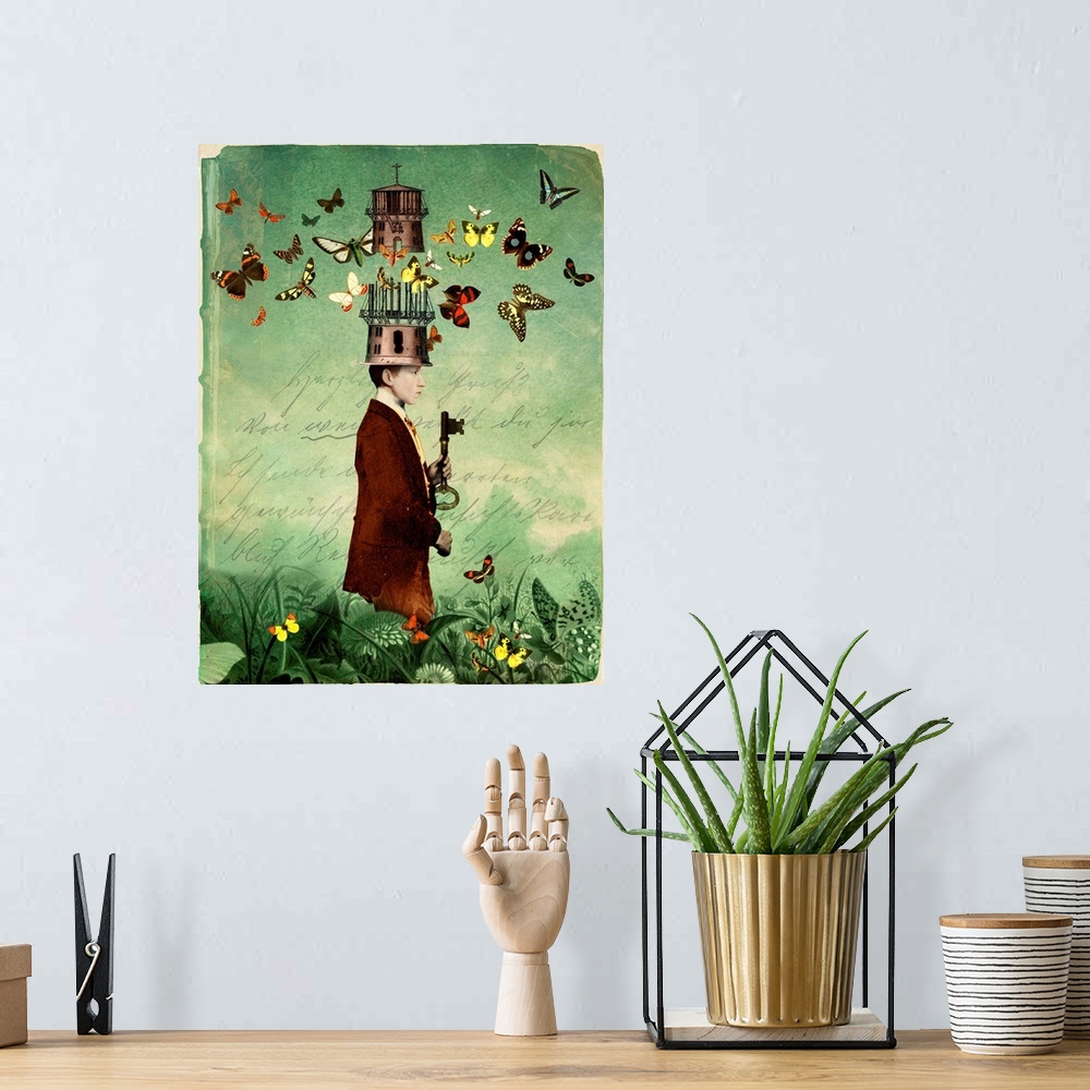 A bohemian room featuring Contemporary artwork of a male holding a key with butterflies flying overhead.