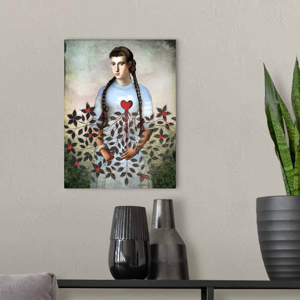 A modern room featuring A lady with a dress made of a cloud sky is holding a vine of hearts.