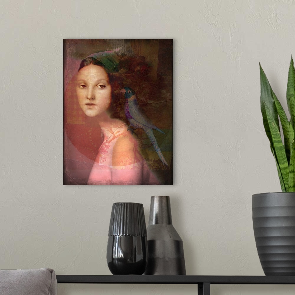 A modern room featuring A portrait of a lady with a parrot on her shoulder.