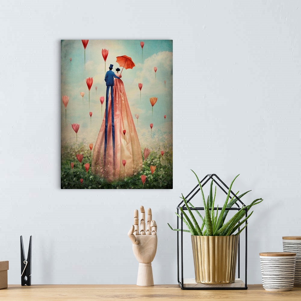 A bohemian room featuring A contemporary painting of a couple walking through a filed with flowers floating in the air.