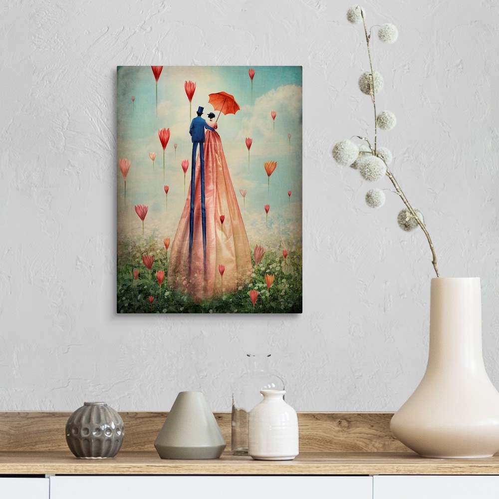 A farmhouse room featuring A contemporary painting of a couple walking through a filed with flowers floating in the air.