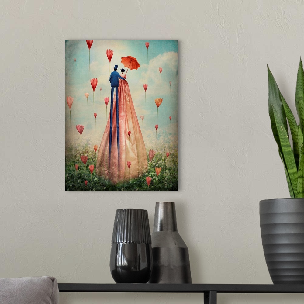 A modern room featuring A contemporary painting of a couple walking through a filed with flowers floating in the air.