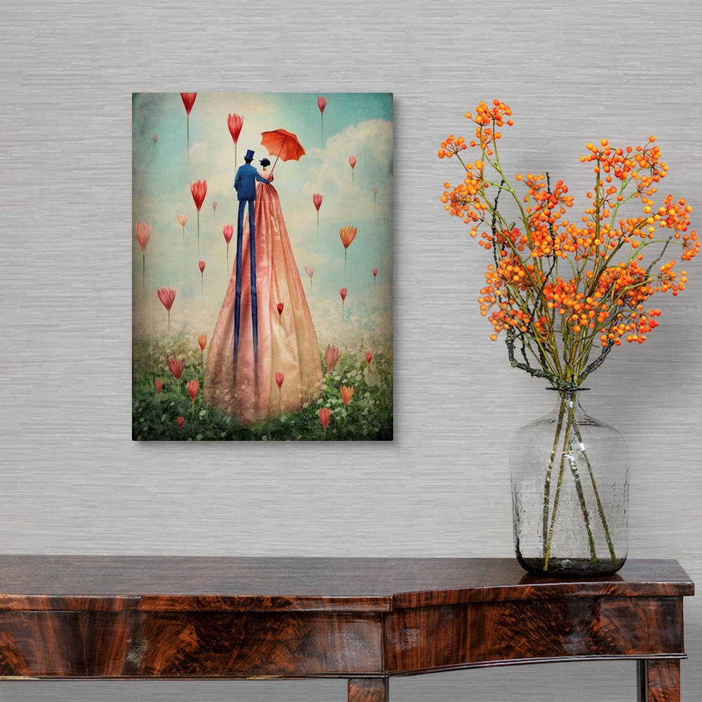 A traditional room featuring A contemporary painting of a couple walking through a filed with flowers floating in the air.
