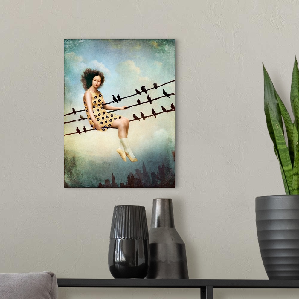 A modern room featuring A woman in a yellow dress in sitting on a power line with a row of birds over a city skyline.