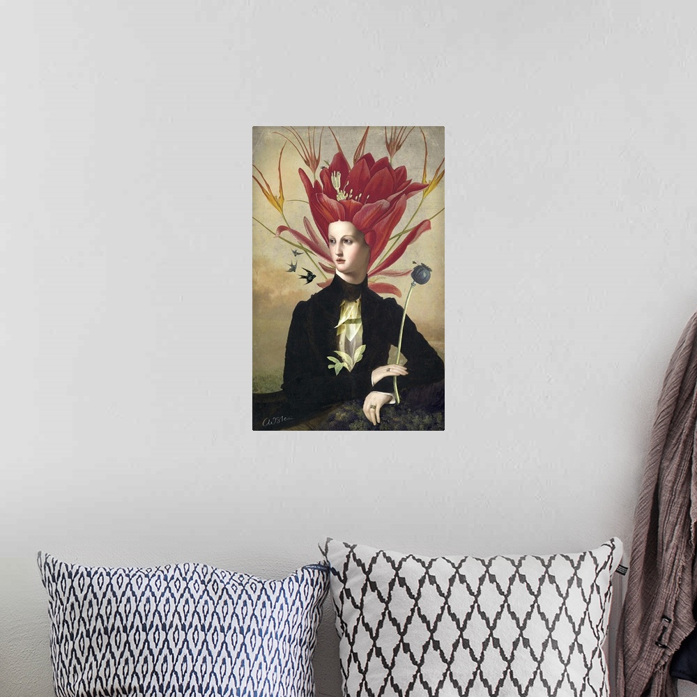 A bohemian room featuring Image of a woman with flowers for her hair.