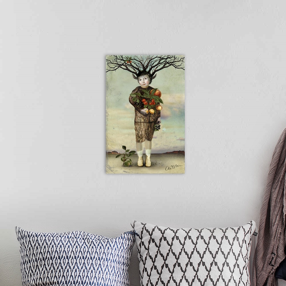 A bohemian room featuring A mythical creature is holding a variety of fruit from a harvest.