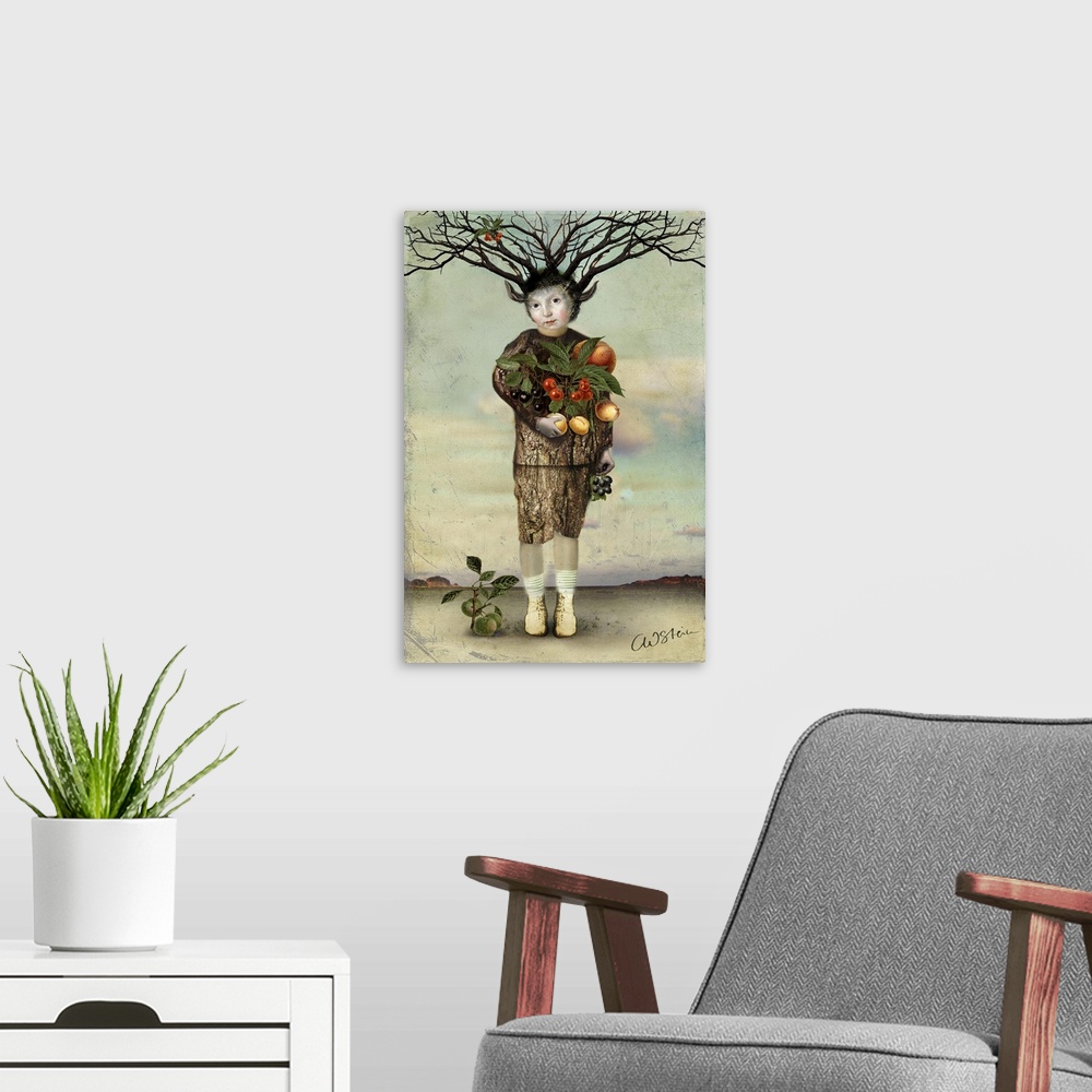 A modern room featuring A mythical creature is holding a variety of fruit from a harvest.