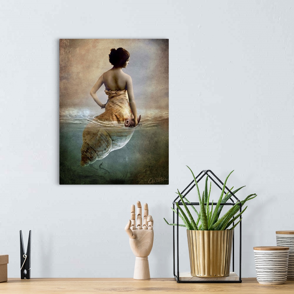 A bohemian room featuring Conceptual art of a woman who is half shell, floating in water.