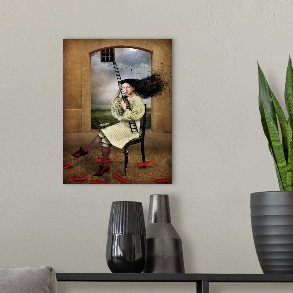 A modern room featuring An abstract design of a female holding a ladder to a window with red feathers at her feet.