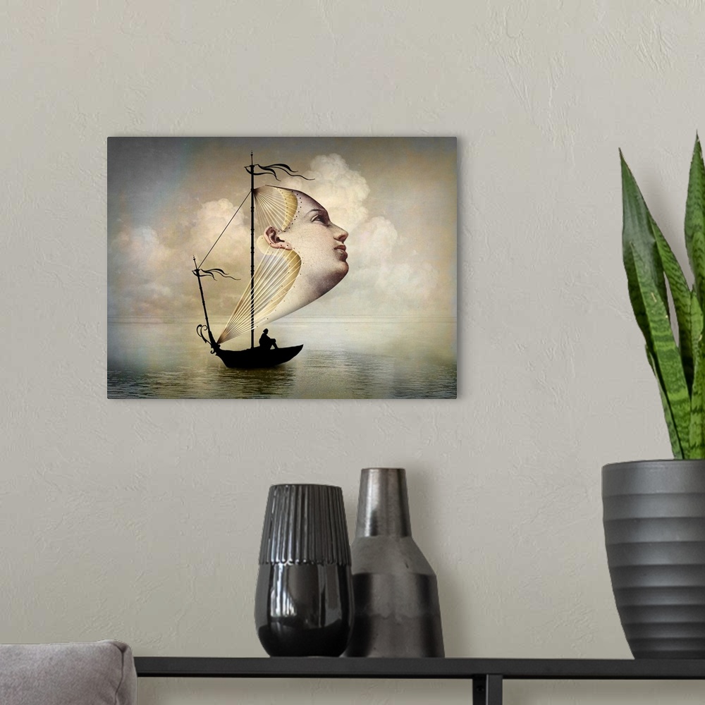 A modern room featuring A digital composite of a woman's head as the sail of a small boat.