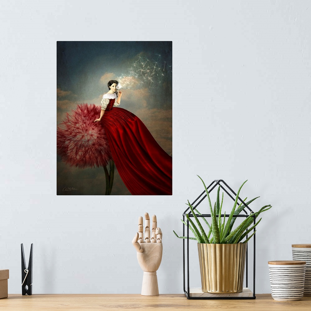 A bohemian room featuring A lady with a long red dress is sitting on a red dandelion.