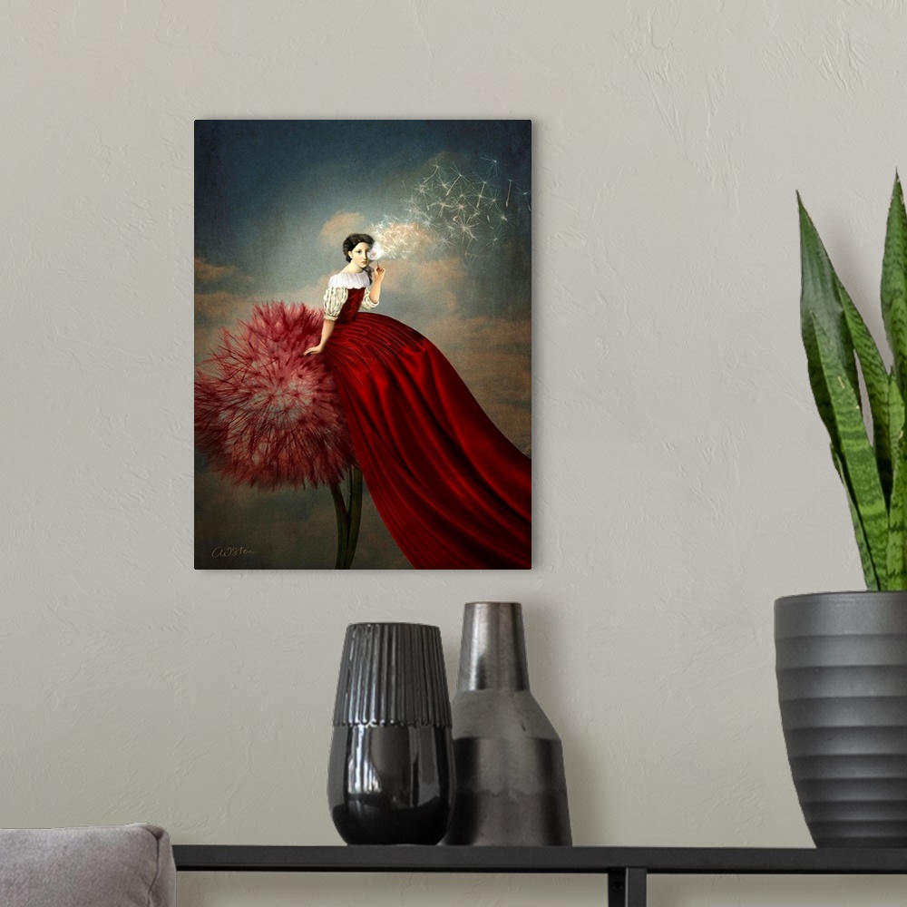 A modern room featuring A lady with a long red dress is sitting on a red dandelion.