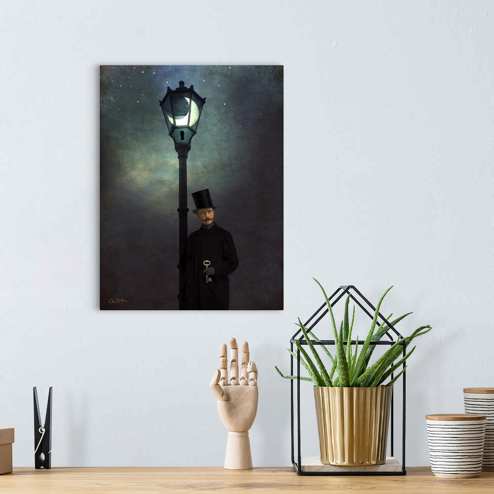 A bohemian room featuring A vertical painting of a man holding a key next to a lamppost.