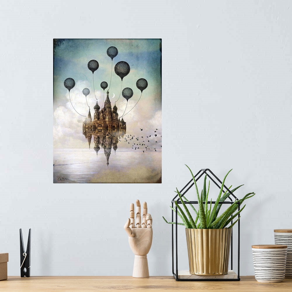 A bohemian room featuring A vertical digital abstract painting of a building floating in the sky with balloons.