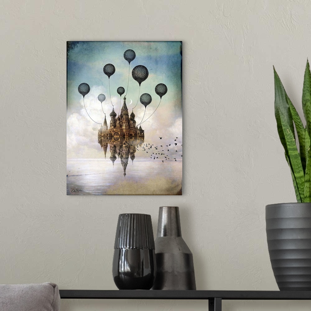 A modern room featuring A vertical digital abstract painting of a building floating in the sky with balloons.