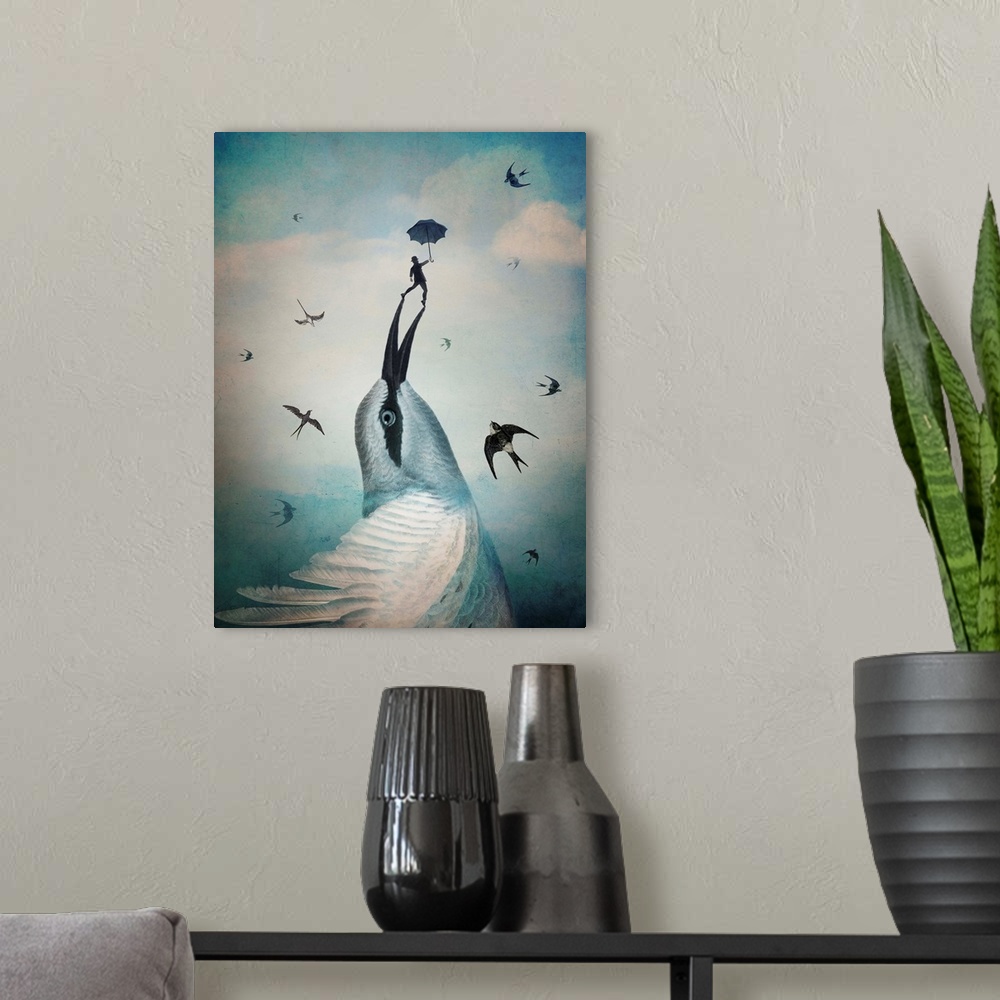 A modern room featuring A small man with an umbrella is balancing on the tip of a large bird's beak while other birds fly...
